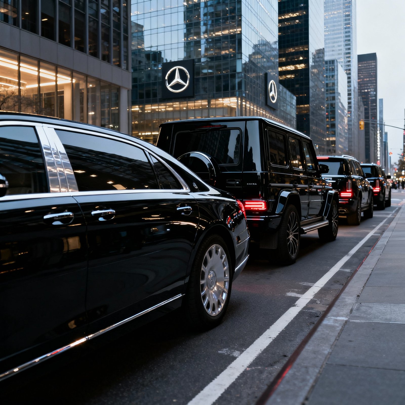 Black executive vehicles staged for airport pickup in a DFW-area city