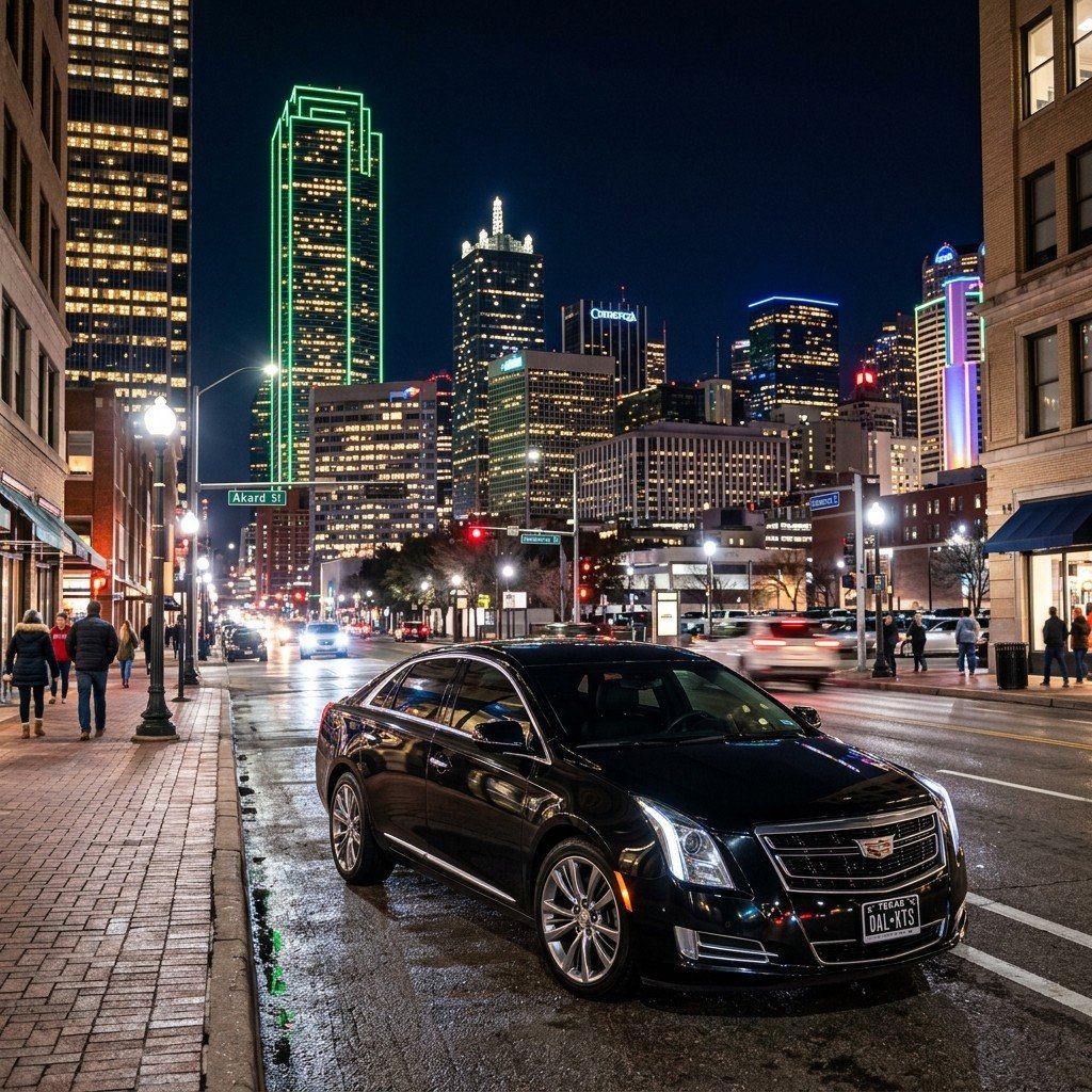 Cadillac XTS in downtown Dallas at night