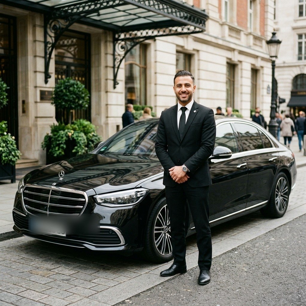 DFW Black Limo chauffeur beside a company sedan
