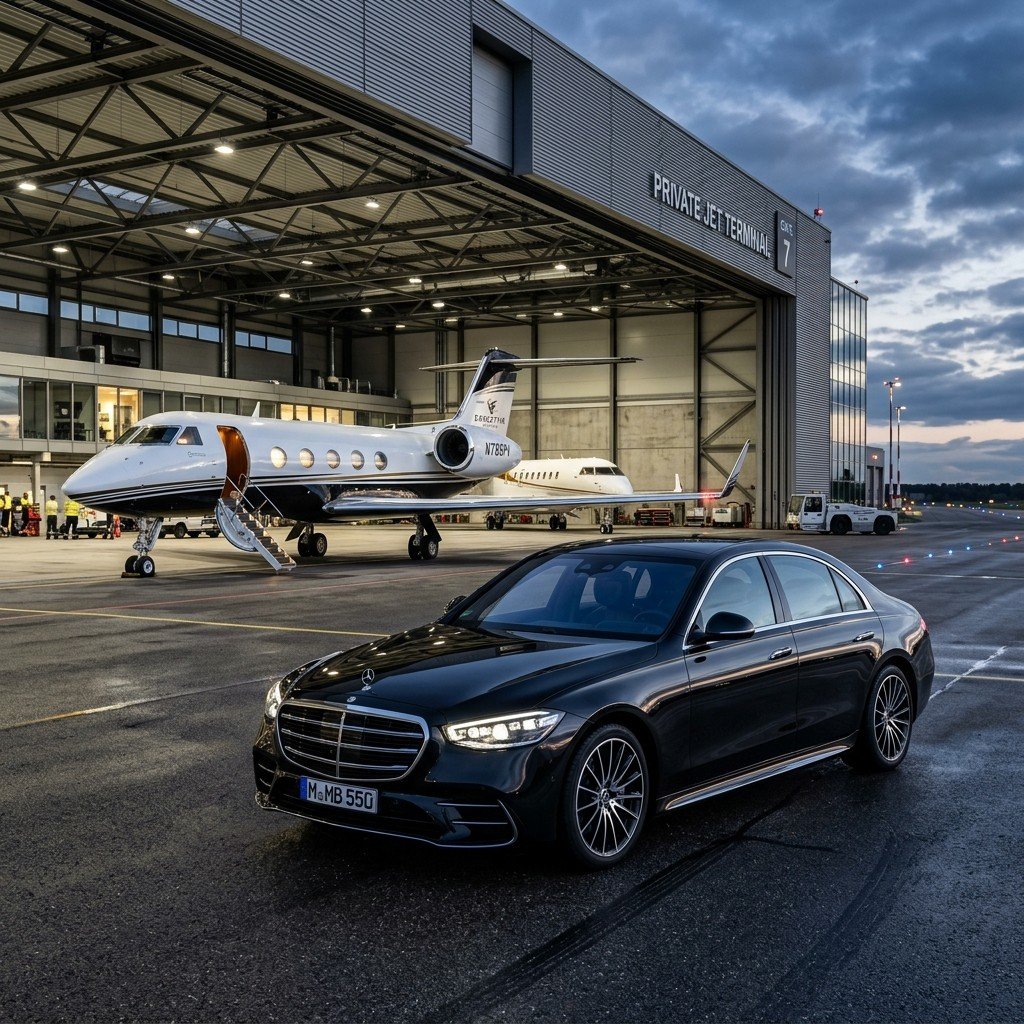 Chauffeured car staged at a private jet terminal