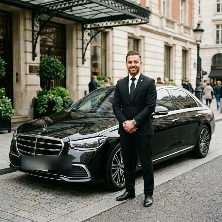 DFW Black Limo chauffeur beside a company sedan